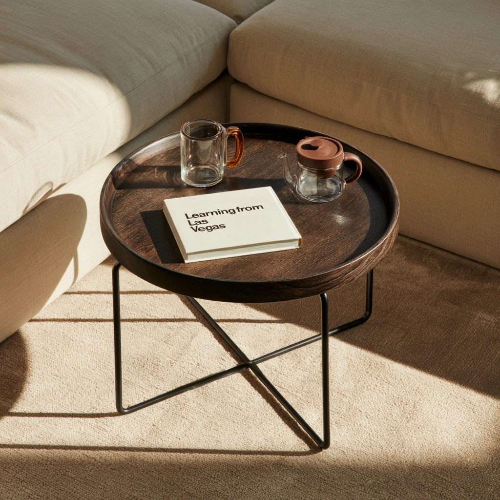 Dark wood round side table with tray from Woolsofahaven, ideal as a stylish side table for living room decor.
